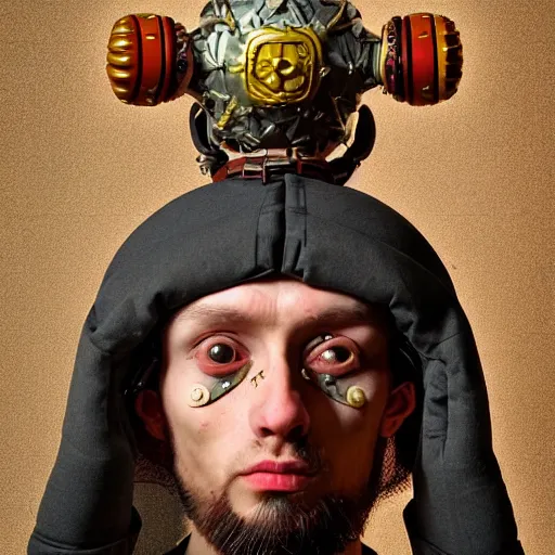 Image similar to Colour Caravaggio and Leonardo da Vinci style full body portrait Photography of Highly detailed Man wearing Ukrainian folk costume with 1000 years perfect face wearing highly detailed retrofuturistic VR headset designed by Josan Gonzalez. Many details In style of Josan Gonzalez and Mike Winkelmann and andgreg rutkowski and alphonse muchaand and Caspar David Friedrich and Stephen Hickman and James Gurney and Hiromasa Ogura. Rendered in Blender and Octane Render volumetric natural light