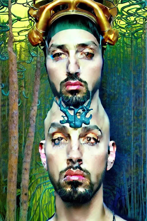 Prompt: realistic detailed face portrait painting of the Rapper SIDO with sci-fi headwear, futuristic sci-fi forest on background by Jean Delville, Amano, Yves Tanguy, Alphonse Mucha, Edward Robert Hughes, Roger Dean, rich moody colours, blue eyes