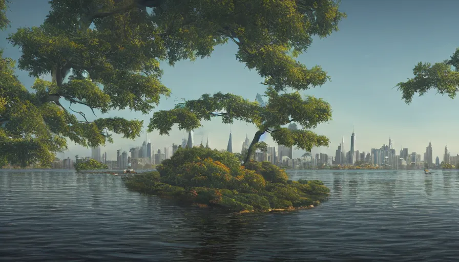 Prompt: new york city with a lake, beautiful ancient trees, hiding large treasure chest, serene evening atmosphere, soft lens, soft light, cel - shading, animation, in the style of cgsociety, deviantart, artstation, zbrush, cinema 4 d, studio ghibli, akihiko yoshida, atelier lulua, masamune shirow