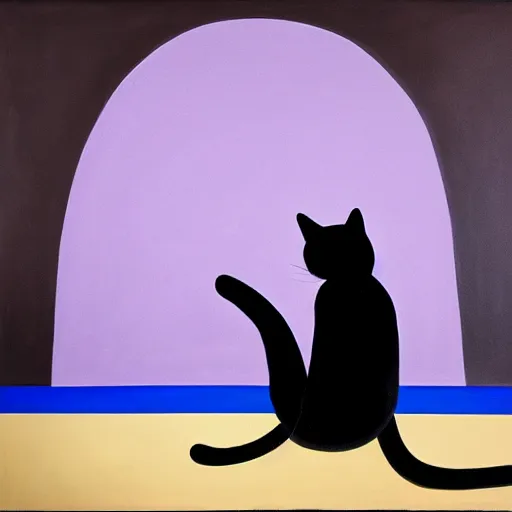 Image similar to in an art gallery, there is a huge painting of carmen herrera blue with white line. a black cat is looking at the painting. cgsociety, surrealism, dystopian art, purple color scheme