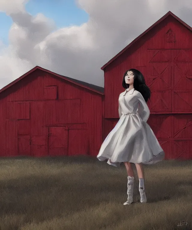 Prompt: a young woman in the shadow! of a red barn!. black hair, white! dress, sharp focus, wide angle, digital painting by eddie mendoza, trending on artstation