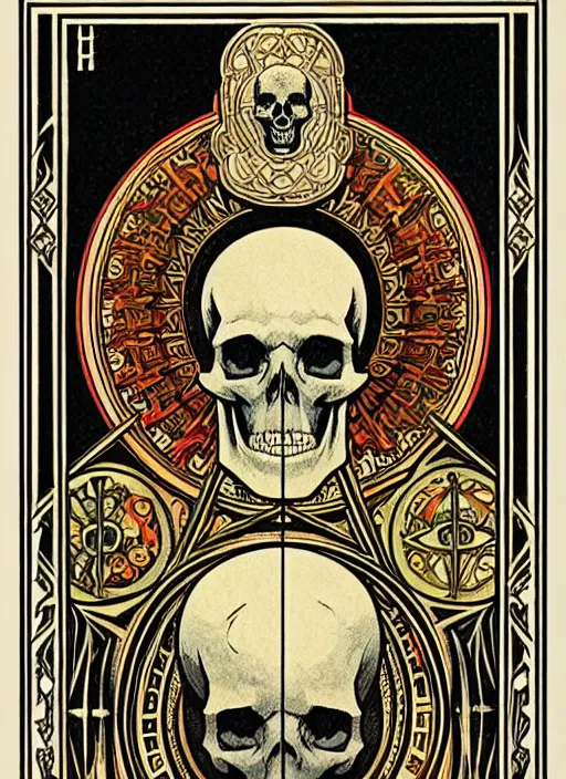 Prompt: symmetry!! a tarot card with a skull, intricate, highly detailed, ornate, aesthetic, alphonse mucha