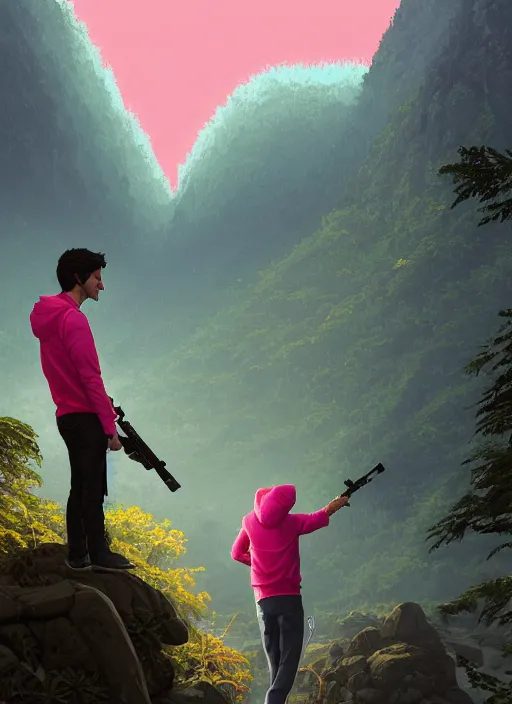 Image similar to highly detailed portrait justin trudeau in ( ( pink hoody rainbow socks ) ) holding ar - 1 5! ( setting costa rica ) in gta v stephen bliss unreal engine fantasy art by greg rutkowski loish rhads ferdinand knab makoto shinkai lois van baarle ilya kuvshinov rossdraws tom bagshaw global illumination radiant light detailed intricate environment