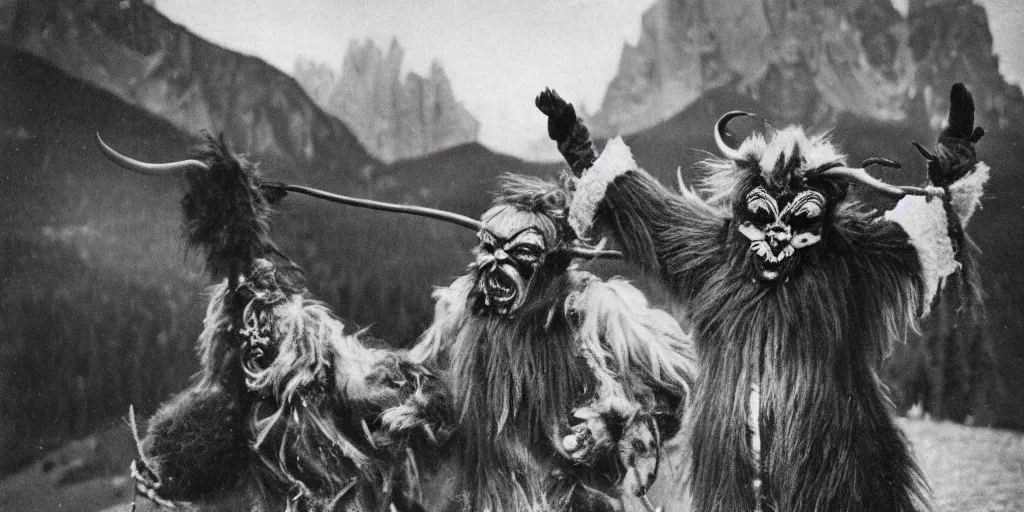 Image similar to krampus with big beak dancing in dolomites, hay fur, austrian folklore, 1920s photography, grainy, eerie, dark