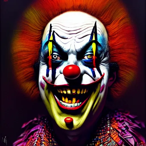 Image similar to uhd photorealisitc authentic madman wearing intricate clown costume and bizarre voodoo makeup, vivid colors, frightening surroundings, correct details, in the style of amano, karol bak, akira toriyama, and greg rutkowski