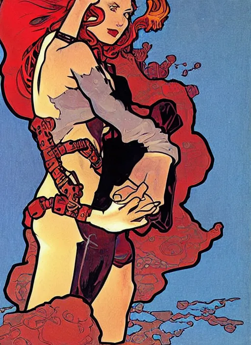Image similar to a woman with red hair floating in space. she is an astronaut, she is wearing a space suit. well composed, clean elegant painting, beautiful detailed face. comic book art by mike mignola and alphonse mucha