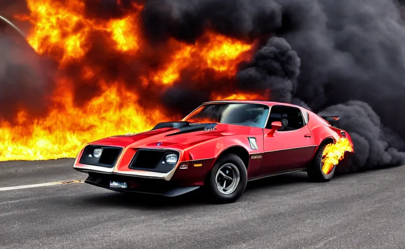 Image similar to a black 1 9 7 3 pontiac firebird trans am sd - 4 5 5 driving high speed, fire explosion in the background, action scen. realistic