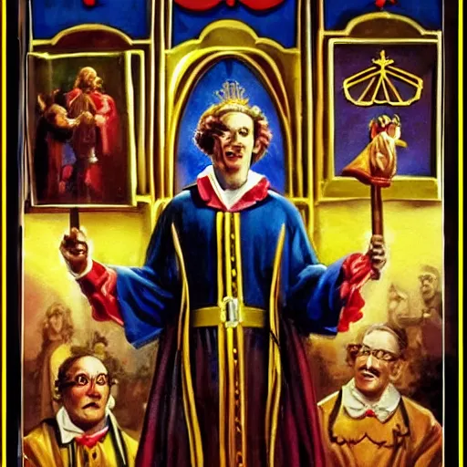 Prompt: Ronald McDonald Burger King coronation ceremony official lesser key of solomon masonic highly symbolic oil painting Turkish broadcast 720p film grain DVD rip