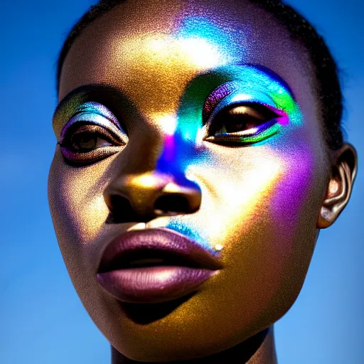Prompt: portrait of iridescent metalic face, african woman, reflections, proud looking, outdoor, blue sky, 8 k, realistic, depth of field, highly detailed, art photography
