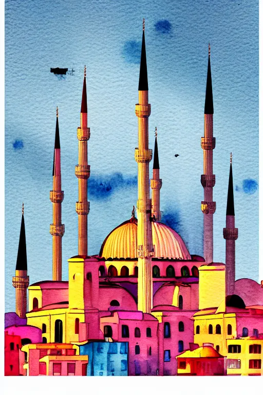 Prompt: minimalist colorful watercolor line art of istanbul, art deco, cityscape, matte drawing, poster art