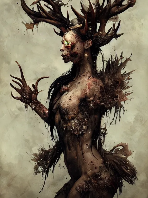 Prompt: a splatterpunk portrait of a gorgeous centaur with ebony antlers and sepia-toned fur, hyperrealistic, award-winning, in the style of Tom Bagshaw, Cedric Peyravernay, Peter Mohrbacher