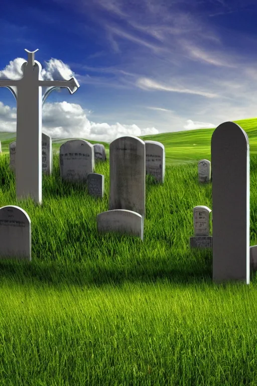 Image similar to realistic detailed, 4 k windows xp bliss hills screensaver with a graveyard, with many gravestones