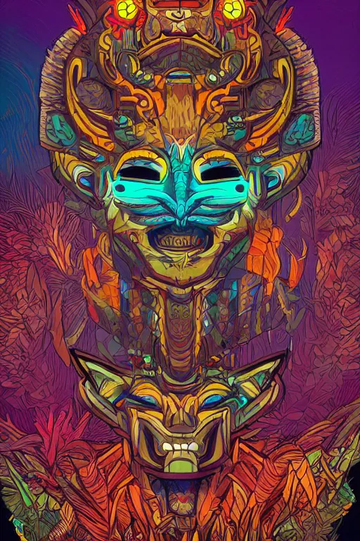 Image similar to totem animal tribal chaman vodoo mask feather gemstone plant wood rock video game illustration vivid color borderlands by josan gonzales and dan mumford radiating a glowing aura