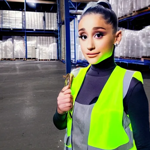 Image similar to photo, close up, ariana grande in a hi vis vest, in warehouse, android cameraphone, 2 6 mm,