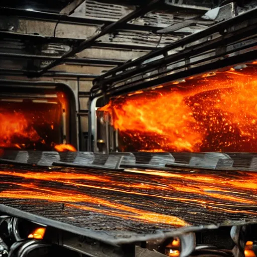 Image similar to rows of toaster oven mecha heads on conveyor belt, dark messy smoke - filled cluttered workshop, dark, dramatic lighting, orange tint, sparks, cinematic, highly detailed, sci - fi, futuristic, movie still