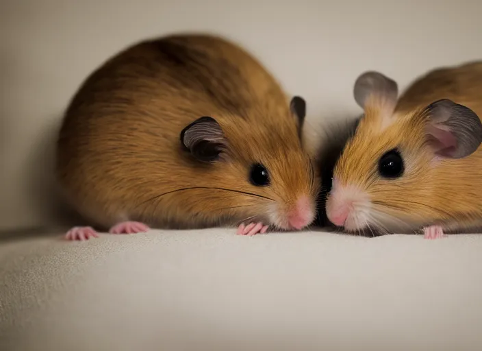 Prompt: photo of a two hamsters laying in a bed, cinematic color grading, various poses, soft light, faded colors, well framed, sharp focus, 8 k