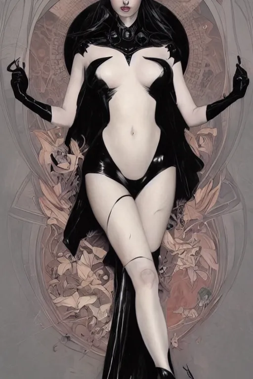 Image similar to beautiful pale gothic girl in black latex intricate, symmetrical front, elegant, highly detailed, digital painting, artstation, concept art, smooth, sharp focus, illustration, art by artgerm and greg rutkowski and alphonse mucha