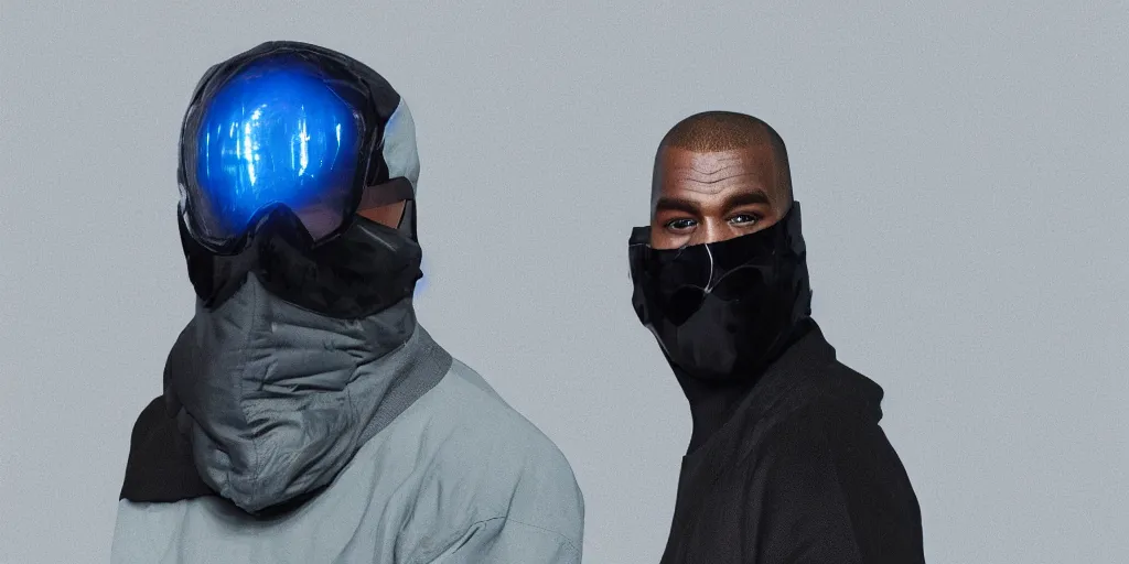 Image similar to kanye west using a full face covering black mask, a small, tight, undersized reflective bright blue round puffer jacket made of nylon, jeans pants and big black balenciaga rubber boots in 3 d, blender, octane render, 3 d render, realistic, unreal engine, trending on sketchfab, studio light, 4 k, 8 k