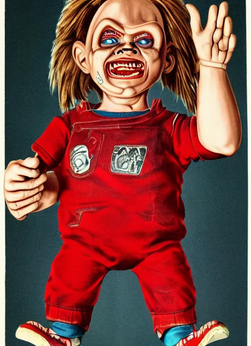 Image similar to vintage medical anatomical illustration of chucky from child's play ( 1 9 8 6 ), highly detailed, labels, intricate writing