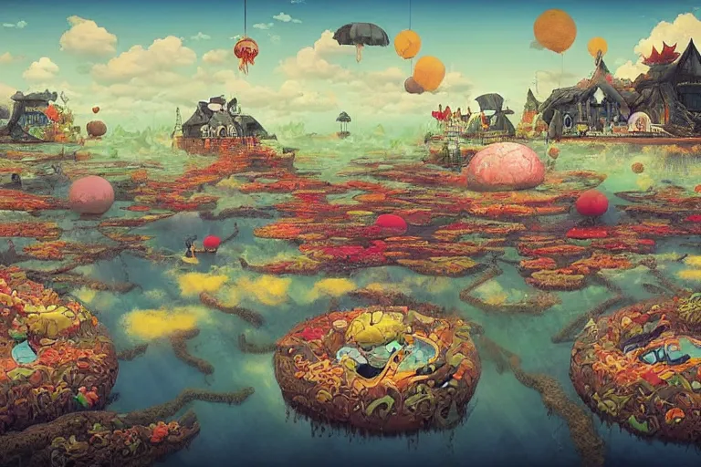 Image similar to surreal onsen kingdom, floating island in the sky, waterpipes in the ground, summer morning, very coherent and colorful high contrast, art by!!!! gediminas pranckevicius!!!!, geof darrow, dark shadows, hard lighting