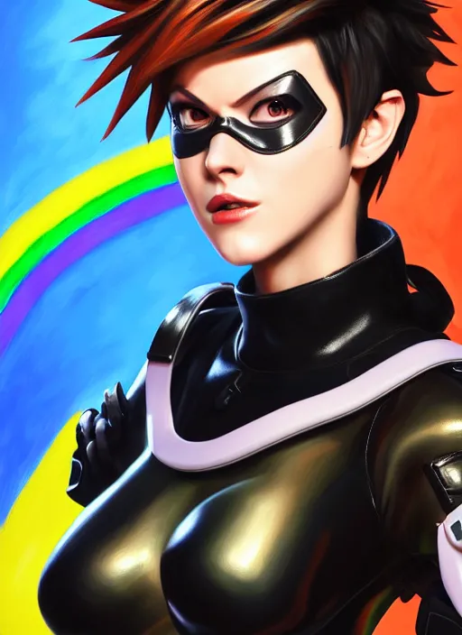 Prompt: oil painting digital artwork of tracer overwatch, confident pose, wearing black iridescent rainbow latex, 4 k, expressive happy smug expression, makeup, in style of mark arian, wearing leather collar, wearing sleek full body armor, black leather harness, expressive detailed face and eyes,