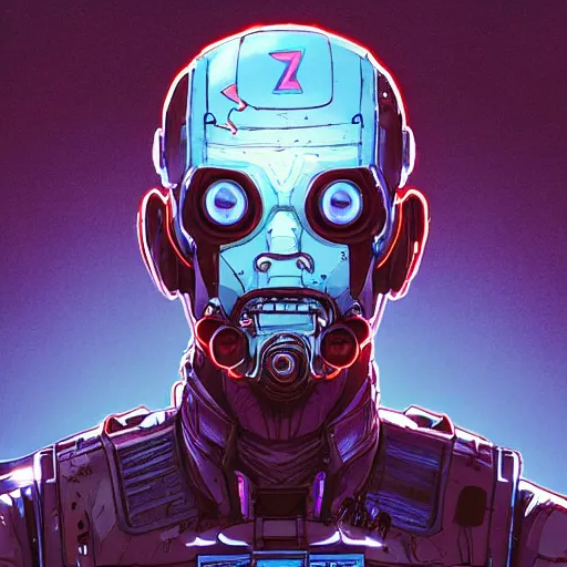 Image similar to cell shaded portrait of a cybernetic blue bald soldier with glowing blue eyes as Borderlands 3 concept art, llustration, post grunge, concept art by josan gonzales and wlop, by james jean, Victo ngai, David Rubín, Mike Mignola, Laurie Greasley, highly detailed, sharp focus,alien,Trending on Artstation, HQ, deviantart, art by artgem