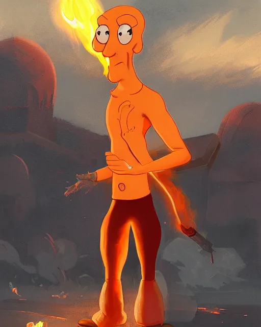 Image similar to wide shot, detailed photorealistic ( ( cartoony ) ) face, squidward, wearing fire nation clothing and practicing firebending outside at susnset, [ greg rutkowski ]