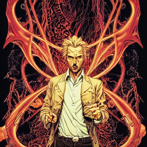 Image similar to portrait of john constantine in hell, symmetrical, by yoichi hatakenaka, masamune shirow, josan gonzales and dan mumford, ayami kojima, takato yamamoto, barclay shaw, karol bak, yukito kishiro