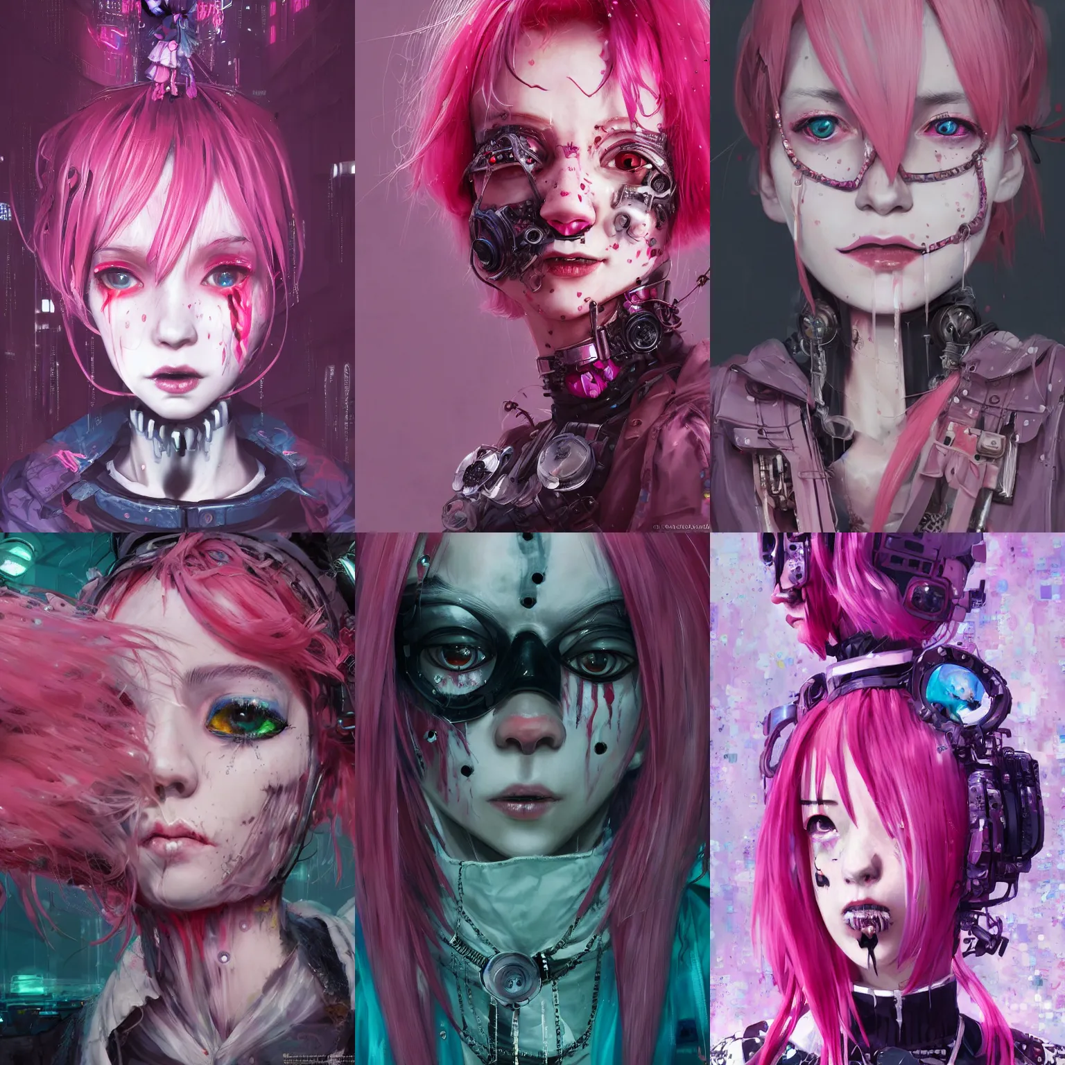 Prompt: by kyoto animation, very creepy cyber clown girl pink hair, tears from the eyes, wearing cyberpunk intricate streetwear, beautiful, detailed portrait, intricate complexity, ilya kuvshinov, cell shaded, 4 k, concept art, by wlop, ilya kuvshinov, greg rutkowski, sharp focus, volumetric lighting, cinematic lighting