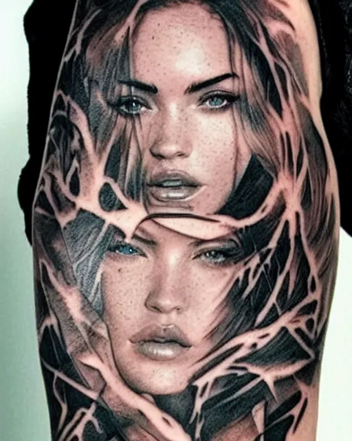 Image similar to creative double exposure effect tattoo design sketch of megan fox faded in beautiful mountain scenery, realism tattoo, in the style of matteo pasqualin, amazing detail, sharp