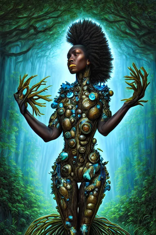 Image similar to hyperrealistic post-rococo super expressive! black woman with exoskeleton armor, merging with tree in a forest, highly detailed digital art masterpiece smooth cam de leon hannah yata dramatic pearlescent blue teal light ground angle hd 8k sharp focus