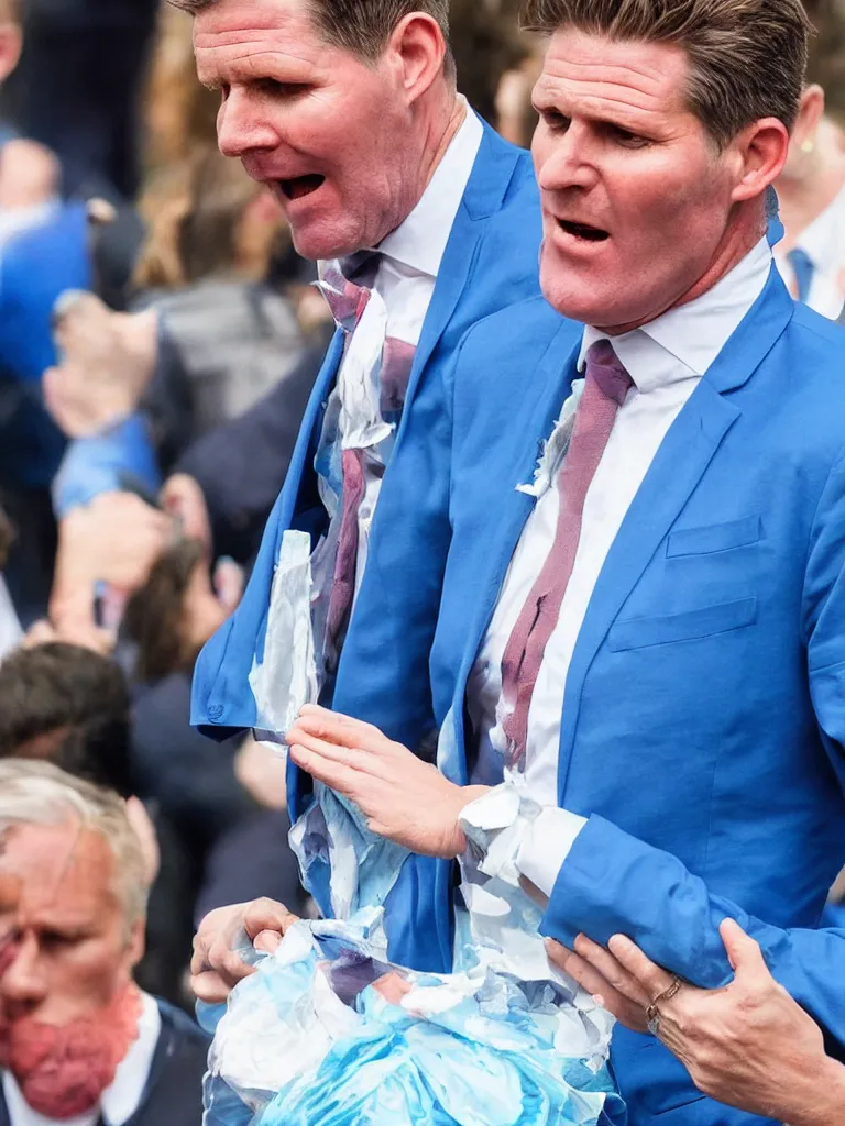 Prompt: Sir Kier Starmer wearing a blue suit and crying as his balloon has burst detailed colour photograph