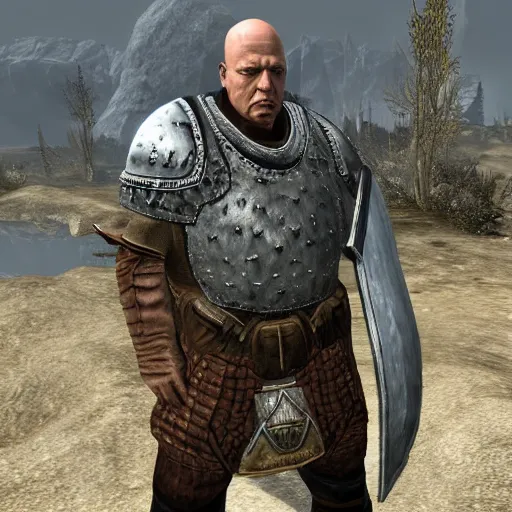 Prompt: hank schrader in skyrim, imperial town guard armor, tamriel, elder scrolls, adventuring, highly detailed, imperial legion