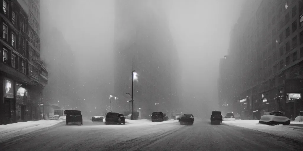 Image similar to a high resolution photo of a new york street at night surrounded with smoke and cars with bright headlights covered in snow and silhouettes of people walking on the street, by joel meyerowitz, realistic photo, leica, magnum award winning photograph, parallax photography,