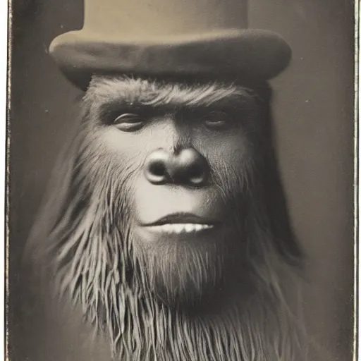 Image similar to a vintage wet plate portrait of a dignified bigfoot with a top hat and cane, extremely detailed, by edward s. curtis!!!!!!!!!!!!!!!!!!