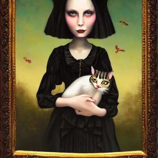 Prompt: a painting of a woman holding a cat, a character portrait by mark ryden, featured on deviantart, gothic art, tarot!!!!! card, deviantart, gothic