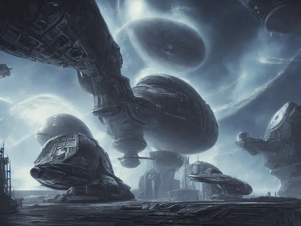 Image similar to deep space mausoleum spaceship, highly detailed, intricate, by Raphael Lacoste, Eddie Mendoza, Alex Ross, background of outer space nebulas by Pilar Gogar, concept art, matte painting, 8K HDR