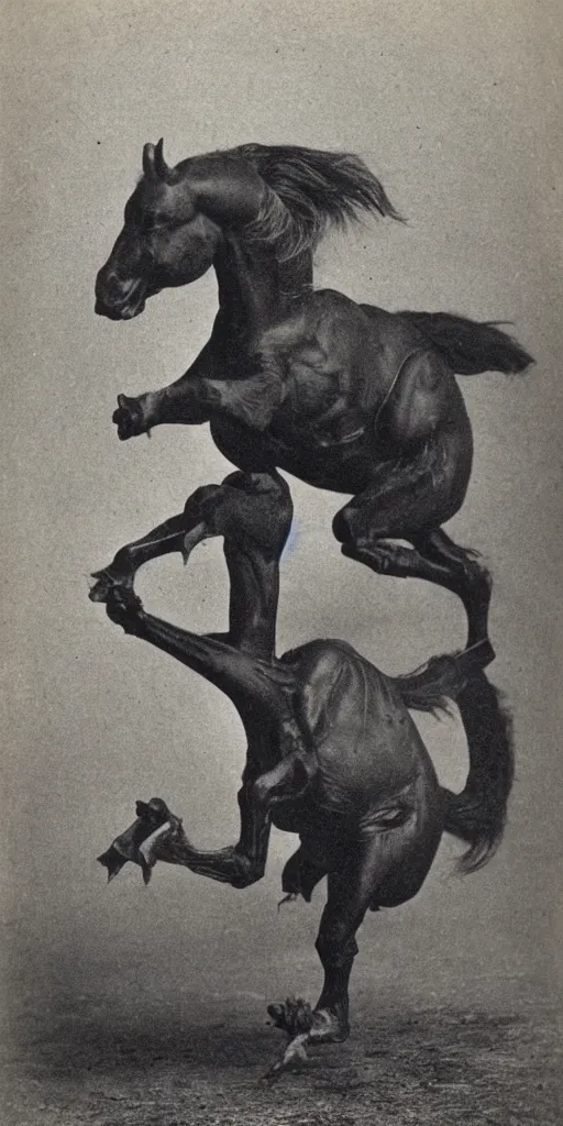 Prompt: [ [ t rex ] ] and a horse with legs, movement, soft, black and white photograph, 1 8 5 0 s