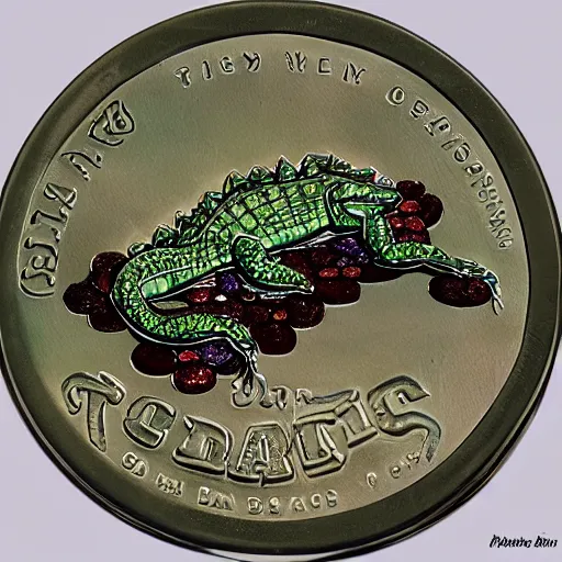 Image similar to gator sleeping on pile of coins and rubies, river, green, brown, blue, airbrush