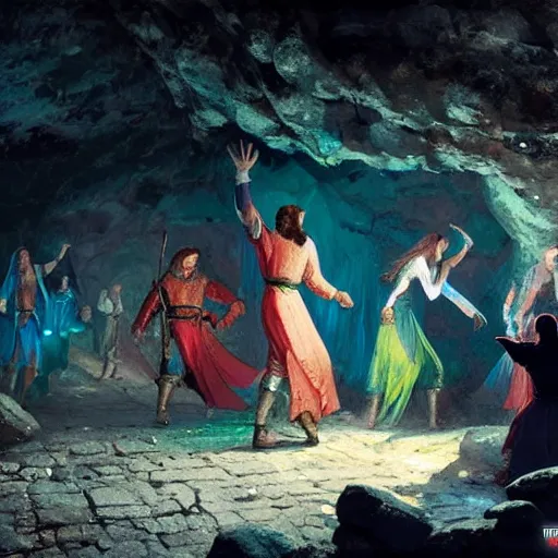 Prompt: medieval people dancing in a cave, there are colorful crystals on the ceiling and on the ground, by greg rutkowski, in the style of magic the gathering, 4k, very detailed