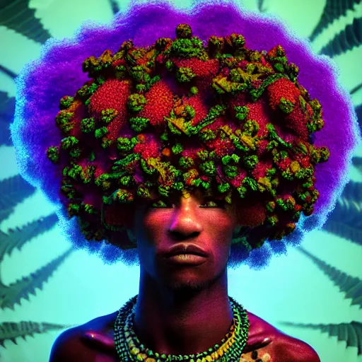 Image similar to an african marijuanna! shaman with an afro made of flowers, third eye art art by machina infinitum, complexity from simplicity, rendered in octane, mandelbulb 3 d, ambient occlusion, macro photography, felt!!! texture, tribal, neon! retrowave