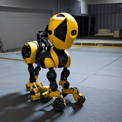 Image similar to atlas robot, boston dynamics atlas, atlas and spot, spot robot dog, humanoid robot, robot dog, yellow robot dog, boston dynamics, 2 0 2 2 promo image