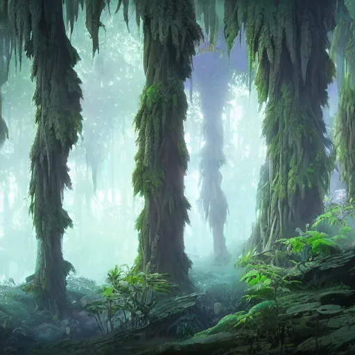 Image similar to concept art painting of a mystical alien fantasy forest, with fog and strange colorful plants, realistic, detailed, cel shaded, in the style of makoto shinkai and greg rutkowski and james gurney