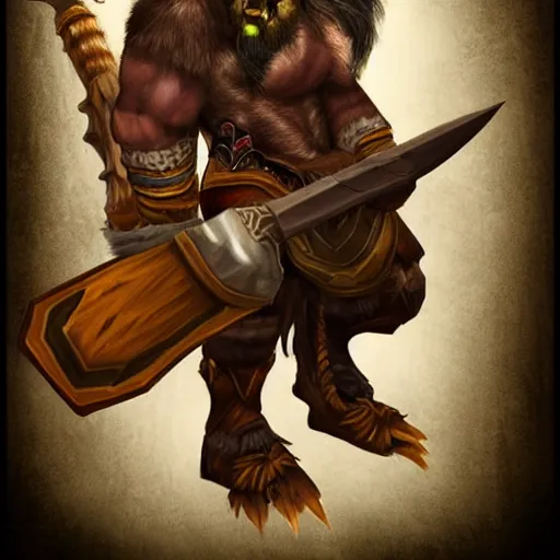 Image similar to Tauren wielding two handed axe, taurens project, warcraft, deviantart, pinterest, behance, dark fantasy