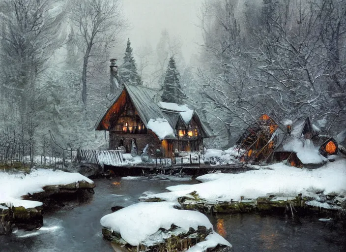 Image similar to oil painting, snow blizzard in woodland meadow, log cabin, smoke billowing from chimney, water stream, water wheel, mystic crooked trees, breeze, detailed art by anders zorn, wonderful masterpiece by greg rutkowski, beautiful cinematic light, american romanticism by greg manchess, creation by tyler edlin