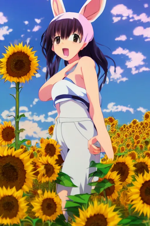 Image similar to Tonemapped Cheerful anime girl with bunny hat in the style of Makoto Shinkai and Yun Koga with a field of sunflowers in background