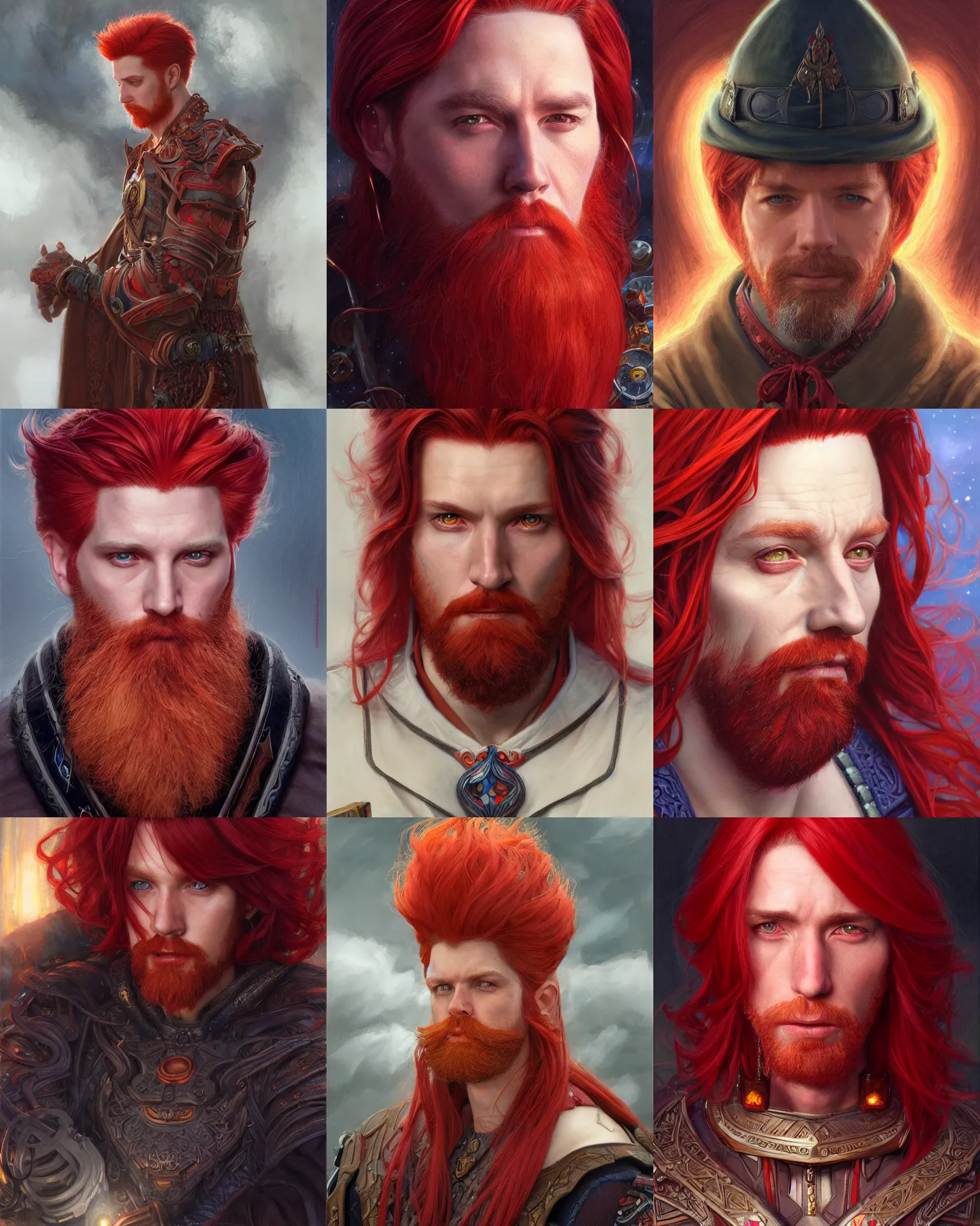 Prompt: male wizard with red hair, highly detailed, very intricate, cinematic lighting, closeup painted portrait, by donato giancola and rossdraws and magali villenueve, featured on artstation