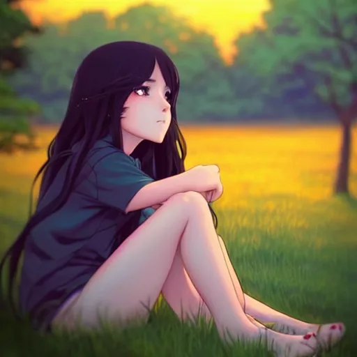 Image similar to a beautiful girl with long dark hair, sitting in the park next to a young boy who has dark hair, sunset, evening, sharp focus, intricate, artstation, official media, anime key visual, highly detailed, rich vivid colors, ambient lighting, illustration, art by Artgerm, Makoto Shinkai, Ilya Kuvshinov, Lois Van Baarle, and Rossdraws