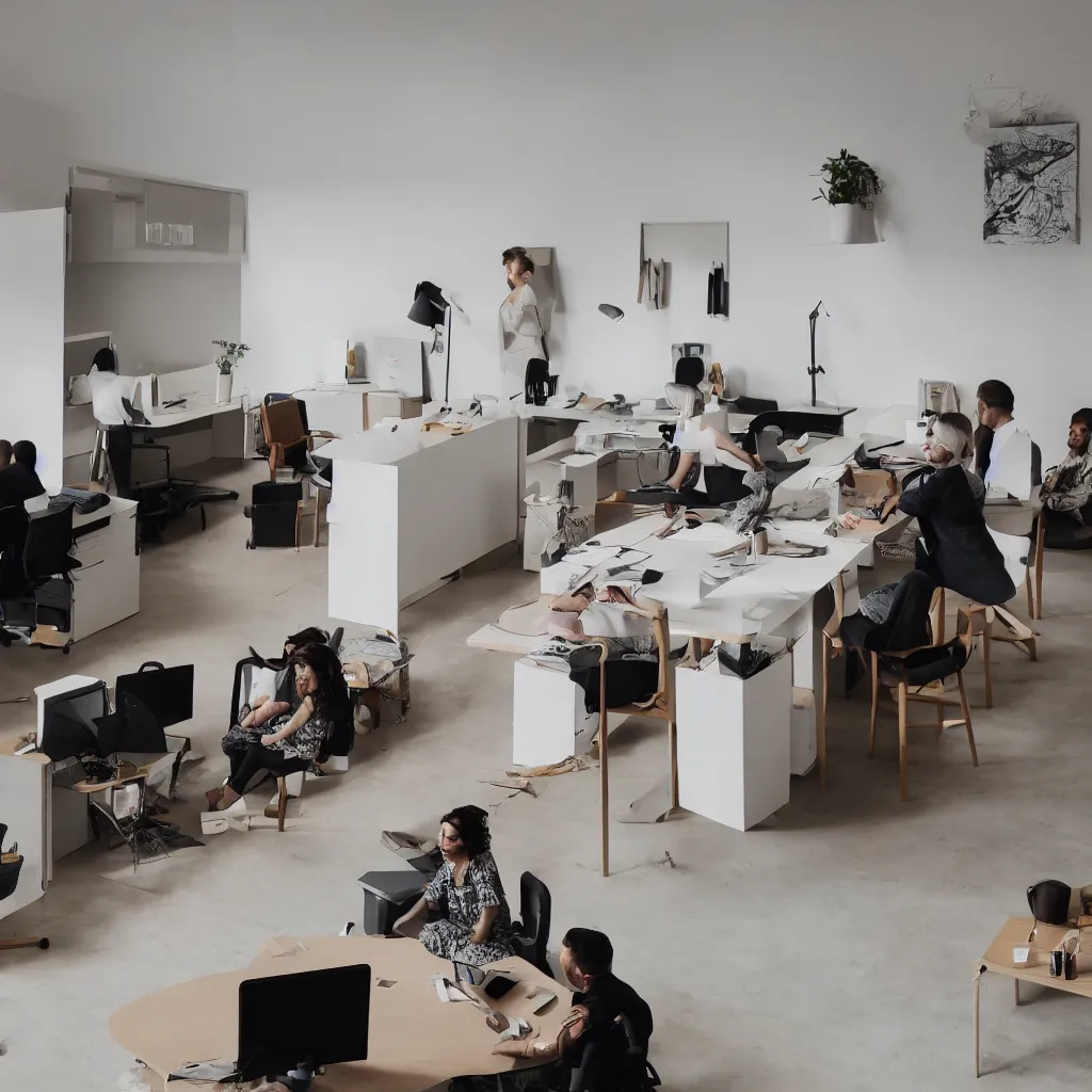 Prompt: A meeting with men and women, animals and children in a minimalist office