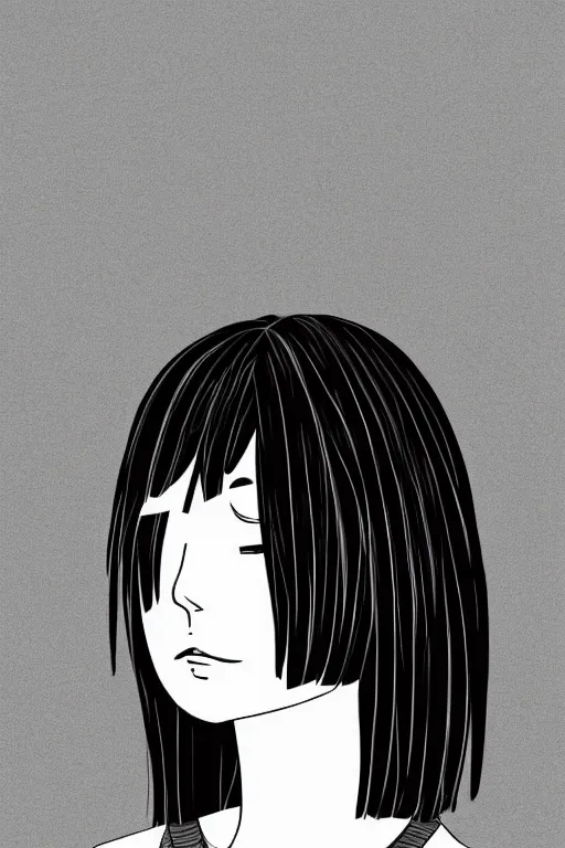 Prompt: portrait of a girl in long pants and a top, hands in pockets, eyes closed, bob haircut, digital art, black and white, lineart by roro kurotani